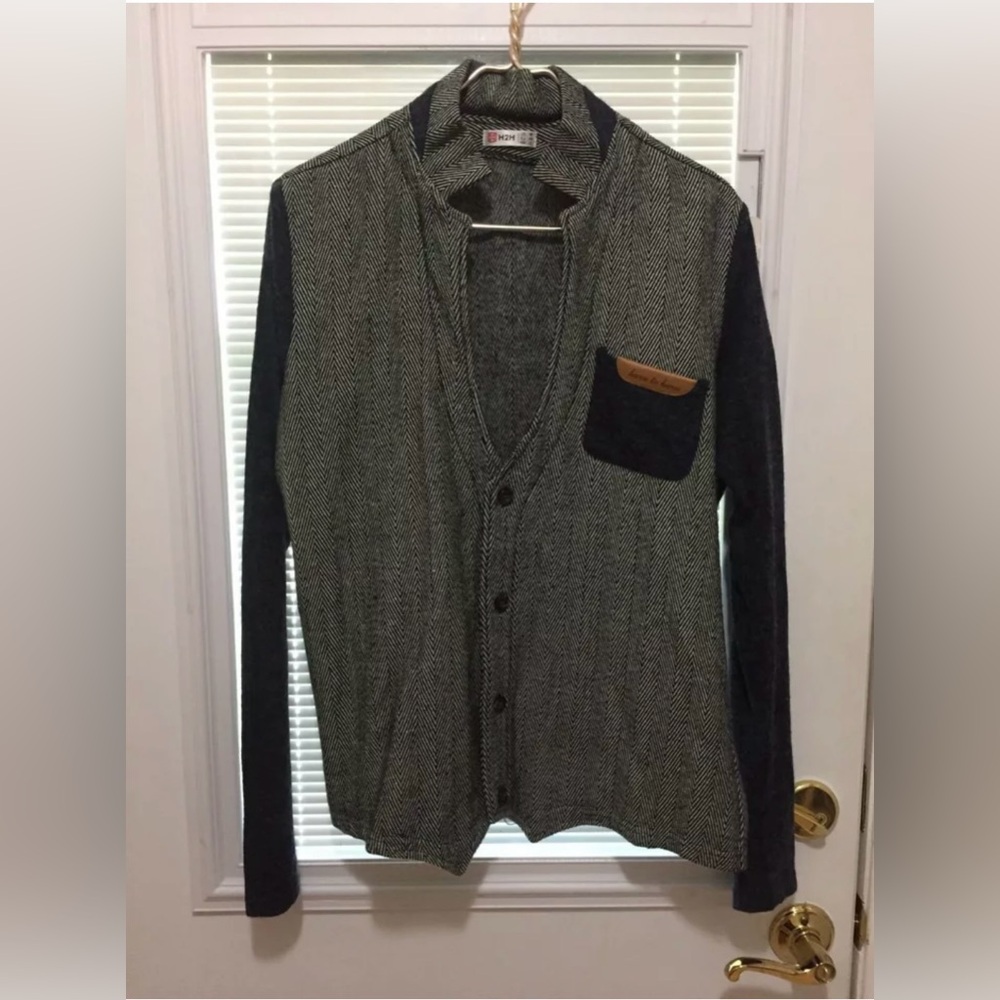 Men's H2H Long Sleeve Sweater Black White with Heathered Blue Sz Medium